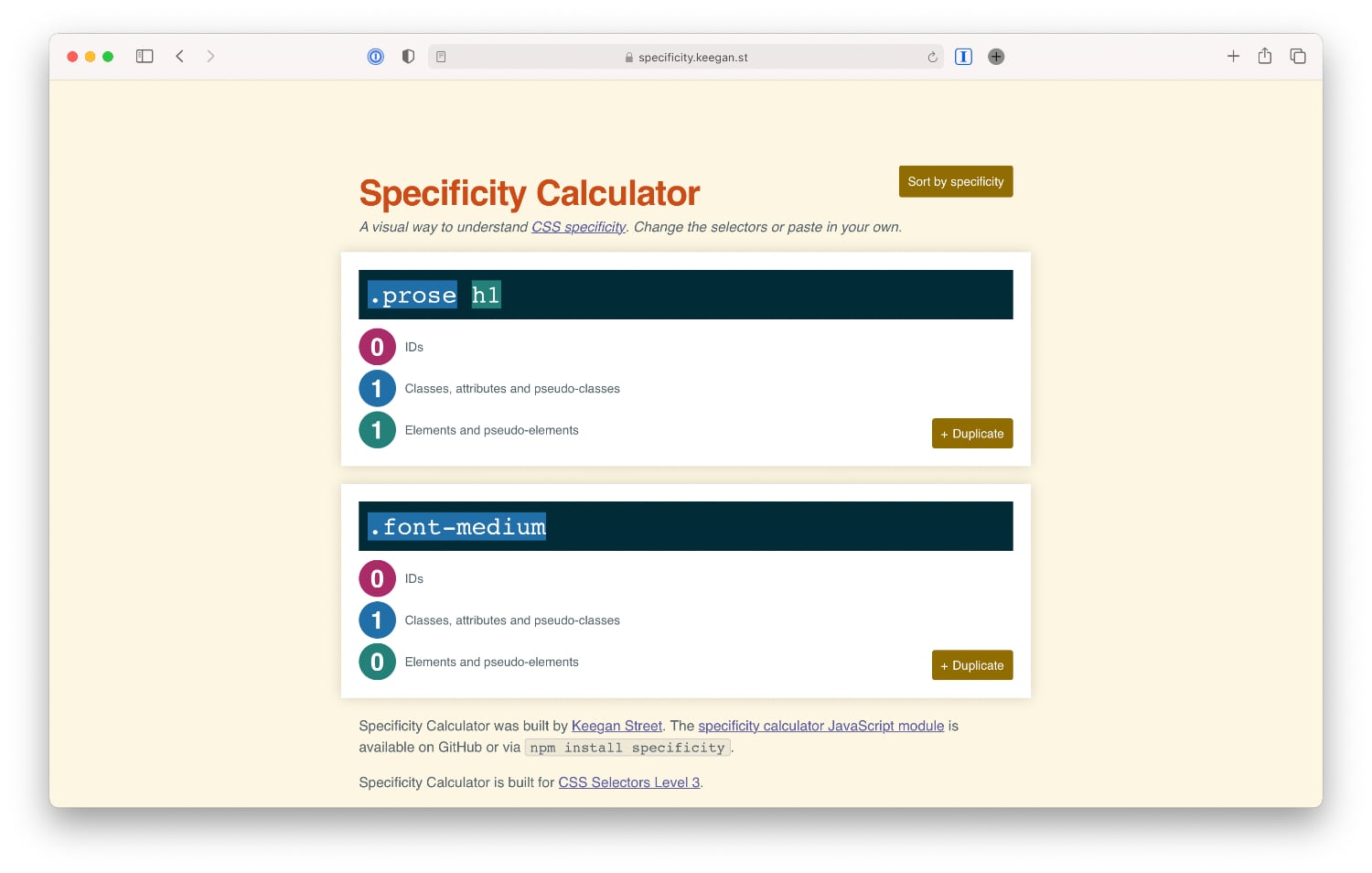 CSS Specificity calculator results